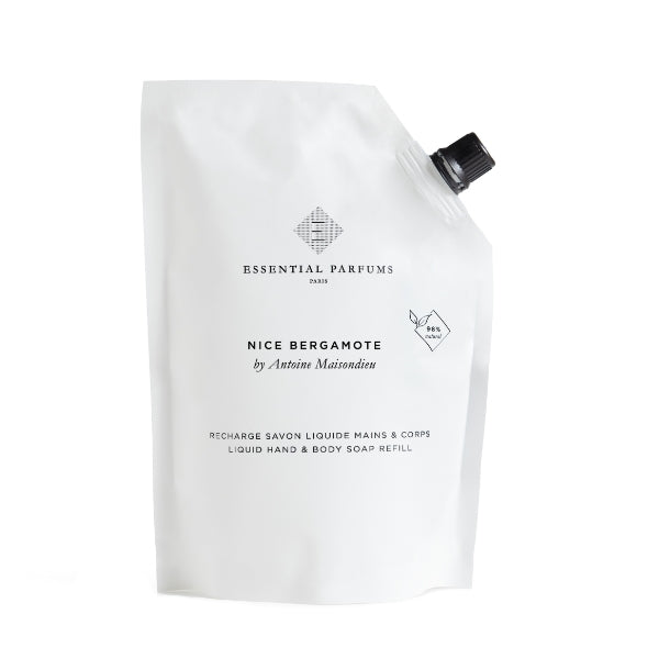 Essential Parfums - Nice Bergamote - Liquid Soap Nachfüllbeutel für flüssige Hand- und Körperseife in schlichtem Weiß
