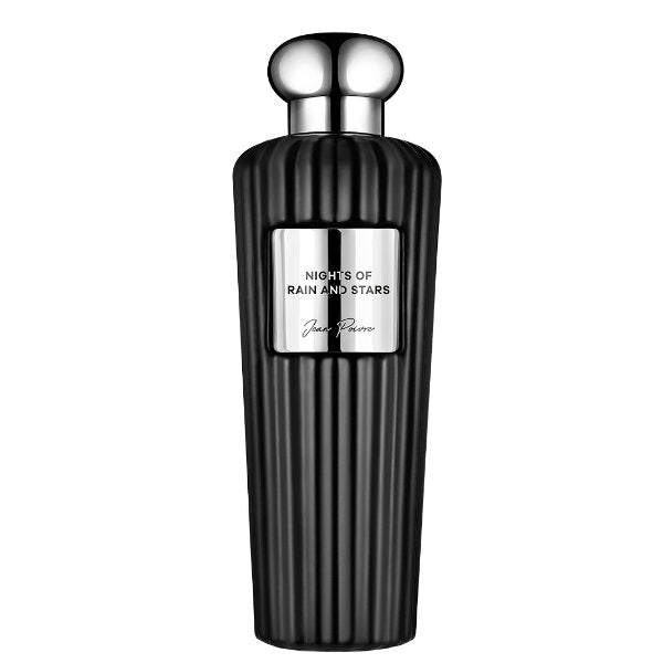 Jean Poivre - Nights of Rain and Stars Parfumflakon in elegantem schwarzem Rillen-Design mit silbernem Verschluss vor weißem Hintergrund