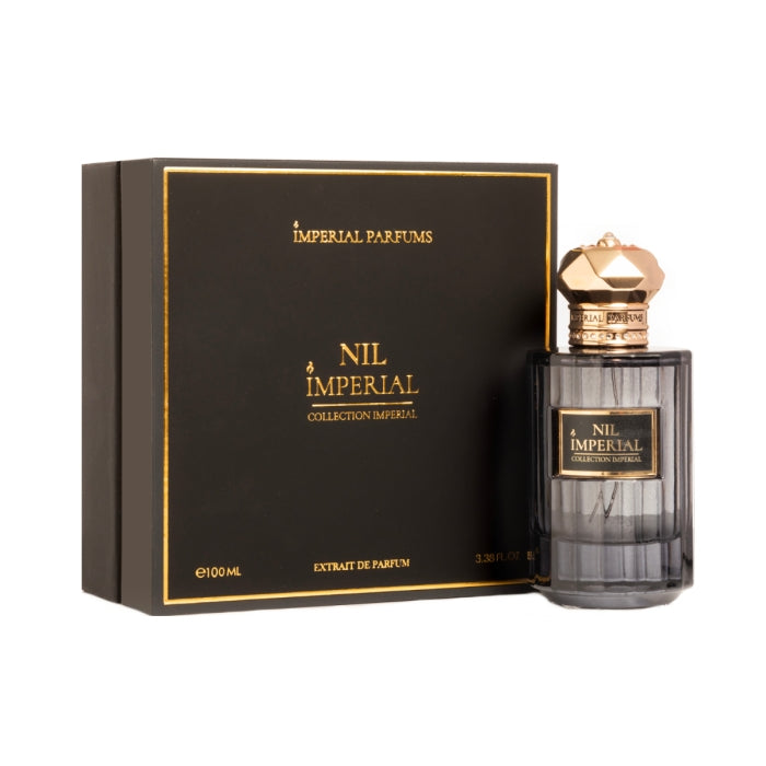 Imperial Parfums - Nil Imperial Parfumflakon mit goldfarbenem Verschluss und schwarzer Verpackung edel präsentiert
