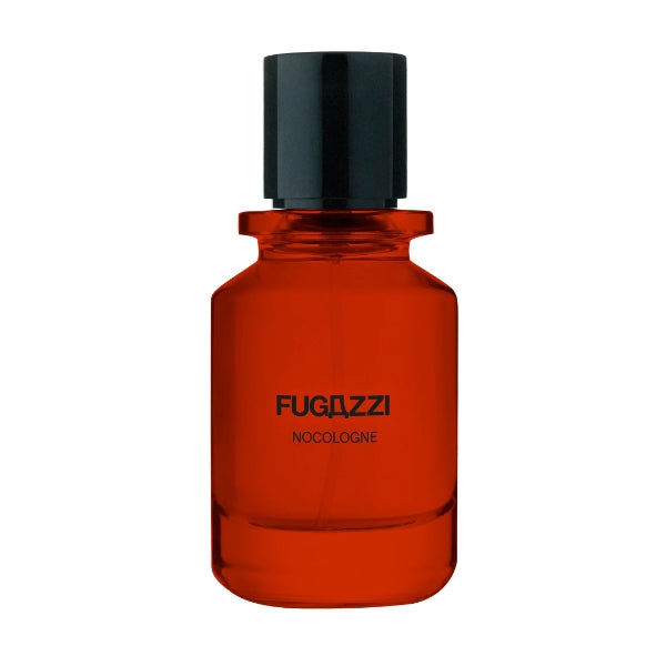 Fugazzi - Nocologne zeigt leuchtend orangenes Flakon mit schlichtem schwarzen Verschluss und minimalistischer Schrift vor weißem Hintergrund
