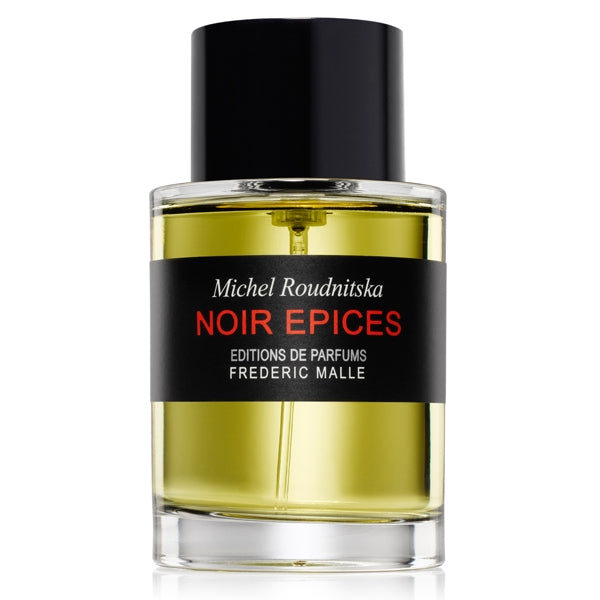 Frédéric Malle - Noir Epices Parfumflakon mit schwarzem Verschluss und bernsteinfarbener Flüssigkeit vor weißem Hintergrund