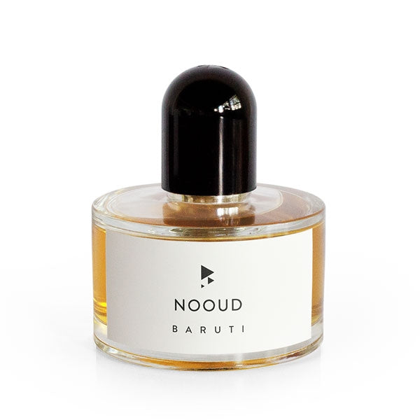 Baruti - NOOUD - Eau de Parfum Flakon mit rundem transparenten Glas und schwarzem Deckel vor weißem Hintergrund