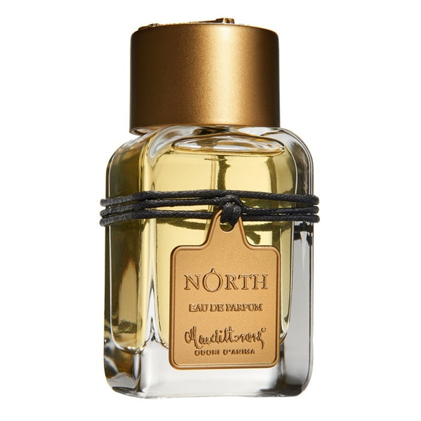Mendittorosa - North Parfumflakon mit transparentem Glas, goldenem Verschluss und Lederanhänger an schwarzer Schnur