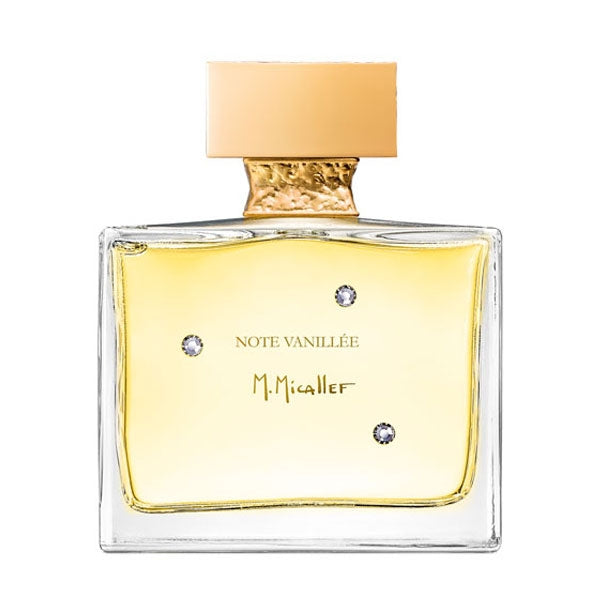 Micallef - Note Vanillée rechteckiger Glasflakon mit goldfarbenem Deckel und zartem Schriftzug vor weißem Hintergrund