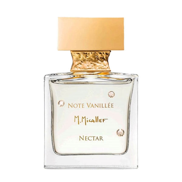 Micallef - Note Vanillée - Nectar Flakon mit goldfarbenem Verschluss und elegant klarem Duft vor weißem Hintergrund