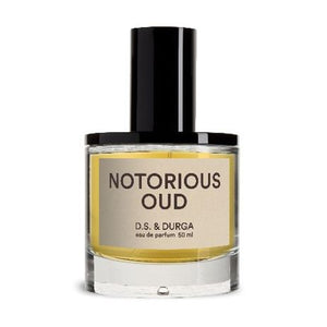 D.S. & Durga - Notorious Oud Parfumflakon mit schwarzem Verschluss und hellgelber Flüssigkeit auf weißem Hintergrund