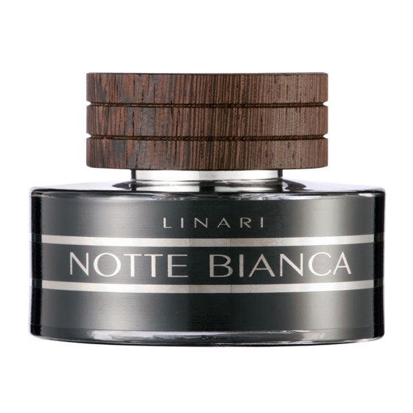 Linari - Notte Bianca Diffuser mit modernem Metallic-Flakon und elegantem Holzdeckel vor weißem Hintergrund