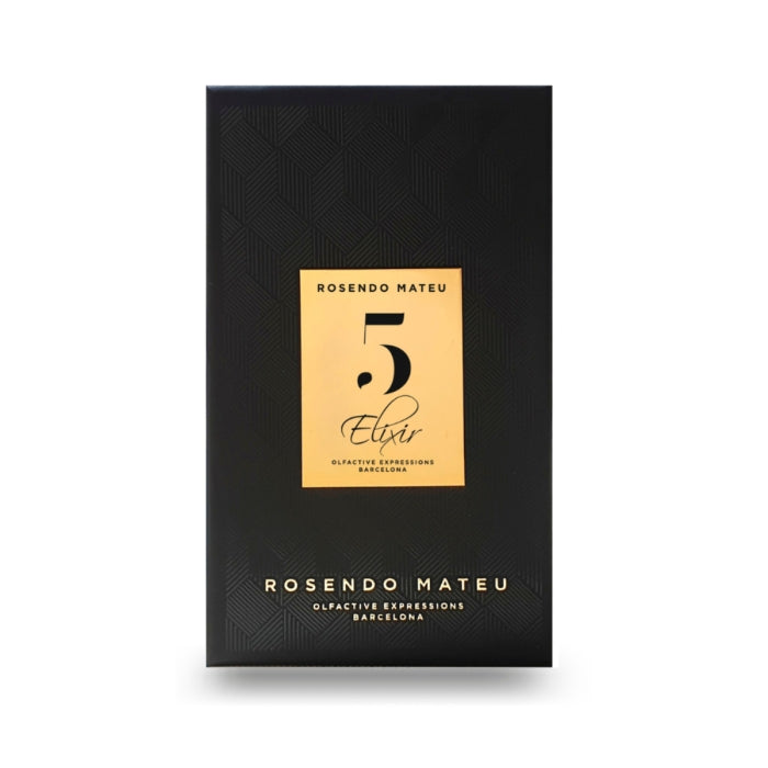 Rosendo Mateu - Olfactive Expressions - Nº 5 - Elixir elegante schwarze Verpackung mit goldenem Etikett und geometrischem Muster