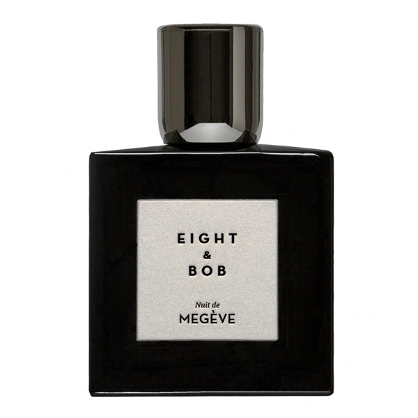 Eight & Bob - Nuit de Megève Parfumflakon in elegantem schwarzen Design mit hellem Etikett vor weißem Hintergrund