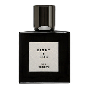 Eight & Bob - Nuit de Megève Parfumflakon in elegantem schwarzen Design mit hellem Etikett vor weißem Hintergrund