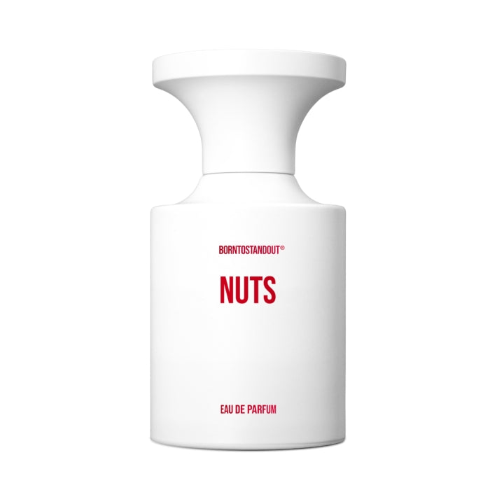BORNTOSTANDOUT - Nuts Parfümflakon in weiß mit schlichtem Design und roter Beschriftung für Individualisten