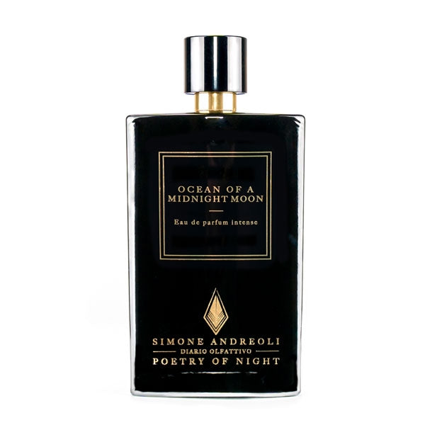 Simone Andreoli - Ocean of a Midnight Moon Parfumflakon in elegantem Schwarz mit goldener Schrift auf weißem Hintergrund