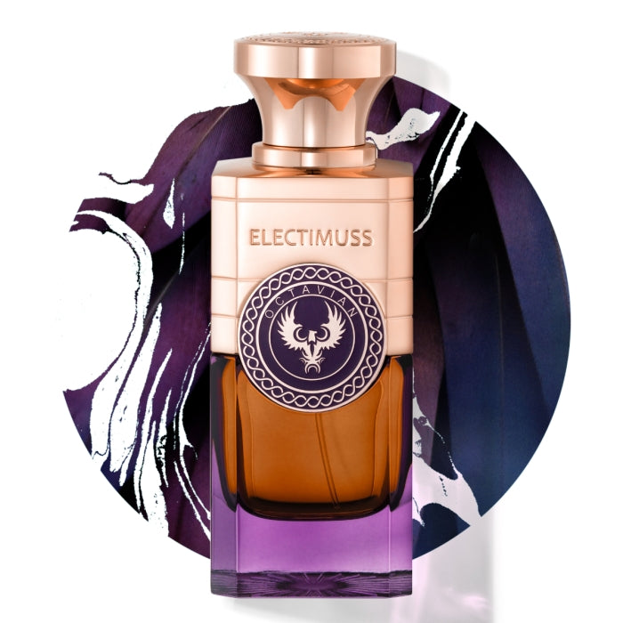 Electimuss - Octavian Flakon mit kupferfarbenem Verschluss und bernstein-violettem Glas in kraftvoller, eleganter Formgebung