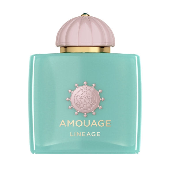 Amouage - Odyssey Collection - Lineage Flakon in sanftem Mintgrün mit pastellrosa Kappe und goldfarbenem Emblem vor weißem Hintergrund