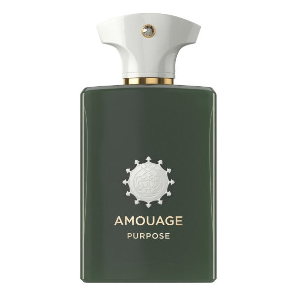 Amouage - Odyssey Collection - Purpose Flakon in tiefem Grün mit weißem Verschluss und goldener Verzierung vor weißem Hintergrund