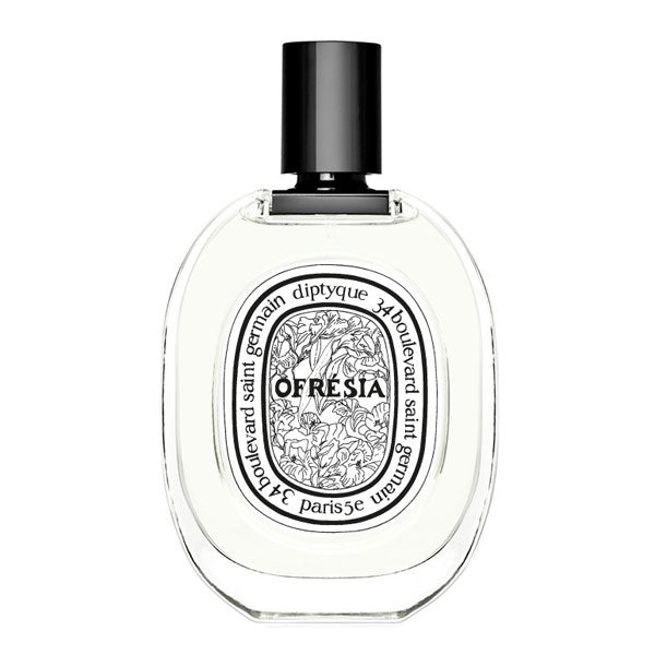Diptyque - Ofrésia Parfumflakon mit schwarzem Verschluss und detailreichem floralen Etikett vor weißem Hintergrund