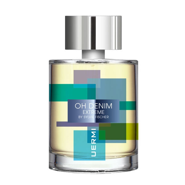 UERMI - OH DENIM EXTREME Parfumflakon mit silbernem Verschluss und geometrischem Design vor weißem Hintergrund