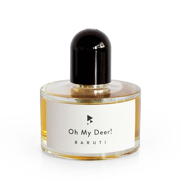 Baruti - Oh My Deer! - Eau de Parfum mit rundem Glasflakon und schwarzem, abgerundetem Verschluss vor weißem Hintergrund