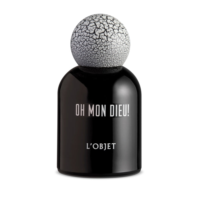 L'Objet - Oh Mon Dieu! Parfumflakon in glänzend schwarzem Glas mit markant weiß-rissigem Kugelverschluss elegant gestaltet