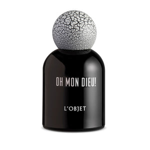 L'Objet - Oh Mon Dieu! Parfumflakon in glänzend schwarzem Glas mit markant weiß-rissigem Kugelverschluss elegant gestaltet