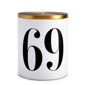 L'Objet - Oh Mon Dieu! Candle - No.69 weiße Kerze mit schwarzer 69 und goldfarbenem Deckel minimalistisch gestaltet
