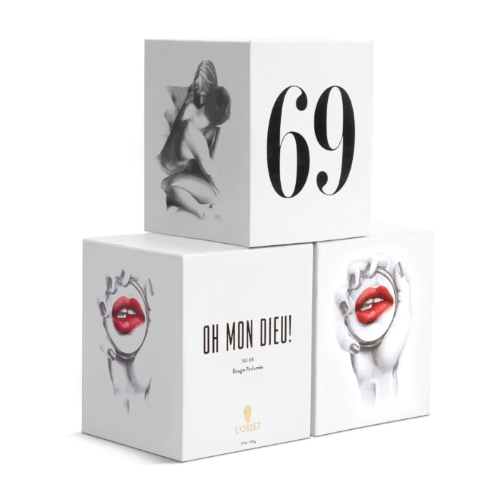 L'Objet - Oh Mon Dieu! Candle - No.69 Verpackung mit Kussmund und elegantem schwarz-weiß Design in Würfelform
