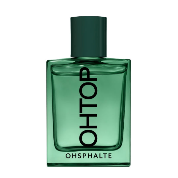 OHTOP - Ohsphalte Parfumflakon in grünem Glas mit modernem vertikalem Logo und schlichtem Verschluss