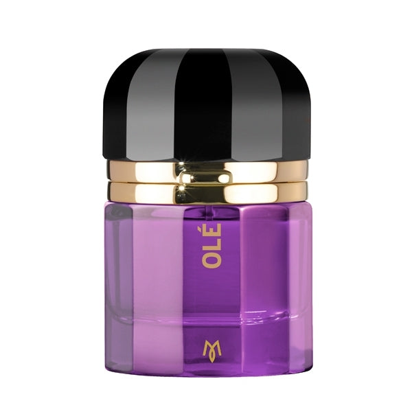 Ramon Monegal - Olé Flakon mit violettem Glas und goldfarbenem Schriftzug, schwarzem Deckel vor weißem Hintergrund