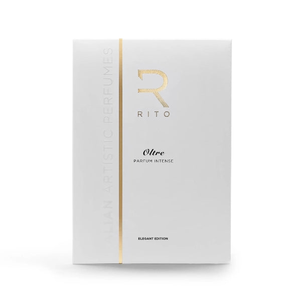 Rito - Oltre minimalistische weiße Verpackung mit goldglänzendem R-Logo und vertikalem Streifen vor hellem Hintergrund