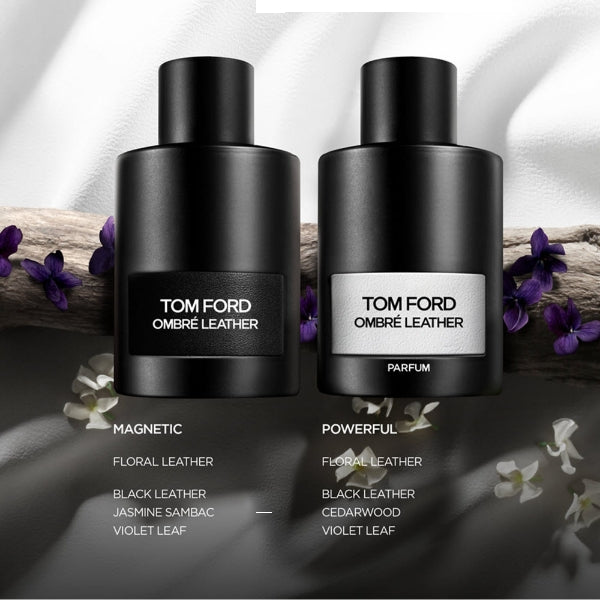 Tom Ford - Signature - Ombre Leather - Parfum zwei schwarze Flakons mit kontrastierenden Etiketten und violetten Blüten