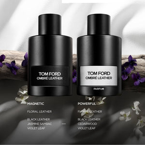 Tom Ford - Signature - Ombre Leather - Parfum zwei schwarze Flakons mit kontrastierenden Etiketten und violetten Blüten