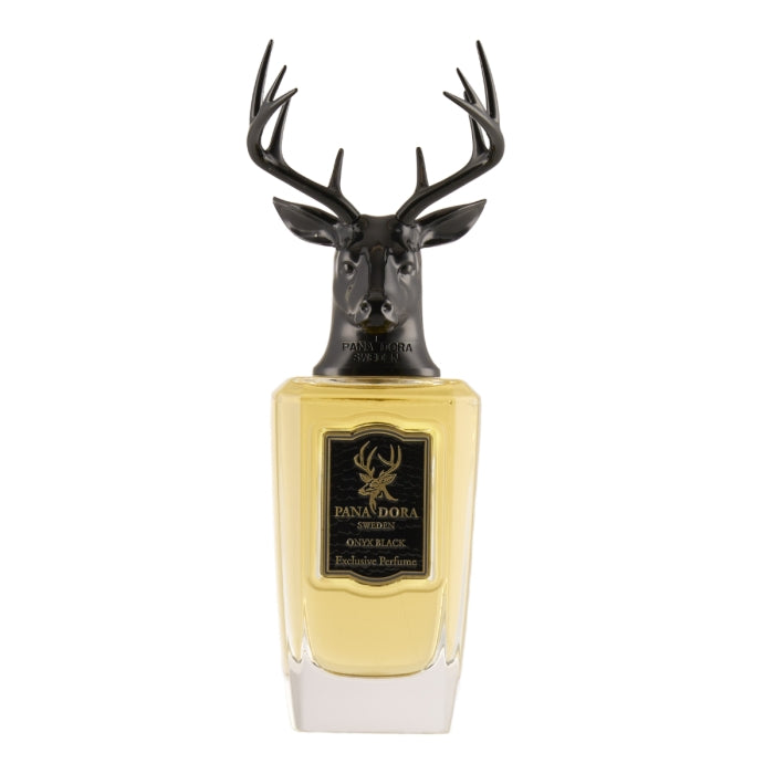Pana Dora Sweden - Onyx Black Parfumflakon mit schwarzem Hirschkopf als Verschluss und bernsteinfarbenem Inhalt