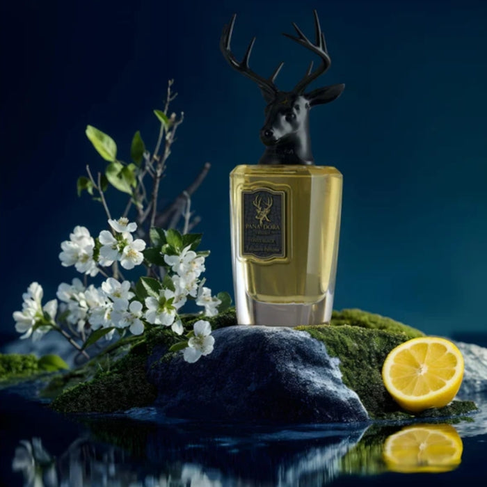 Pana Dora Sweden - Onyx Black Parfumflakon mit Hirschkopfverschluss auf Moos und Steinen, umgeben von Blüten und Zitrone