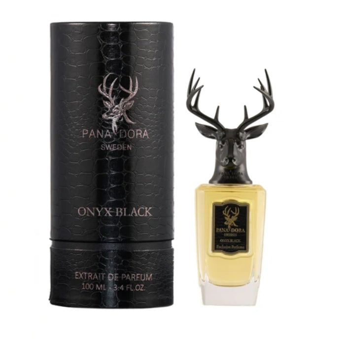 Pana Dora Sweden - Onyx Black Parfumflakon mit Hirschkopfverschluss neben schwarzem Geschenkbehälter in Lederoptik