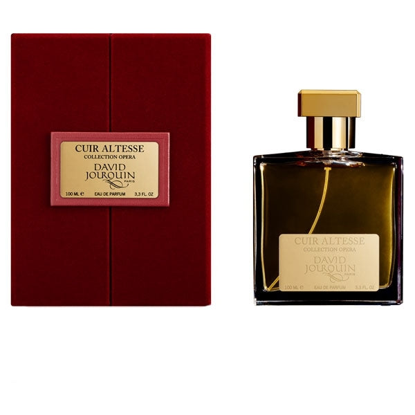 David Jourquin - Opera Collection - Cuir Altesse Parfumflakon mit goldfarbenem Verschluss und roter Samtbox auf weißem Hintergrund
