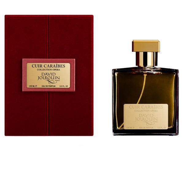 David Jourquin - Opera Collection - Cuir Caraibes Parfumflakon mit goldfarbenem Verschluss und roter Geschenkbox vor weißem Hintergrund