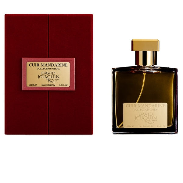 David Jourquin - Opera Collection - Cuir Mandarine mit goldfarbenem Verschluss und eleganter roter Samtverpackung vor weißem Hintergrund