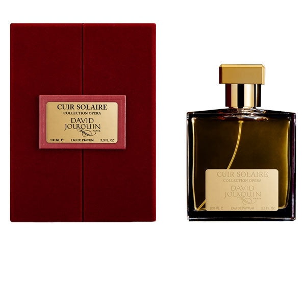 David Jourquin - Opera Collection - Cuir Solaire Parfumflakon mit goldfarbenem Verschluss und dunkelroter Samtverpackung vor weißem Hintergrund