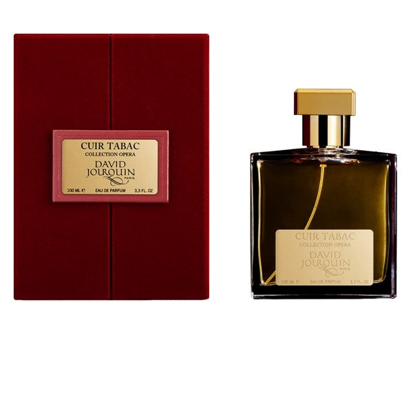 David Jourquin - Opera Collection - Cuir Tabac Parfumflakon mit goldfarbenem Verschluss und roter Geschenkbox auf weißem Hintergrund