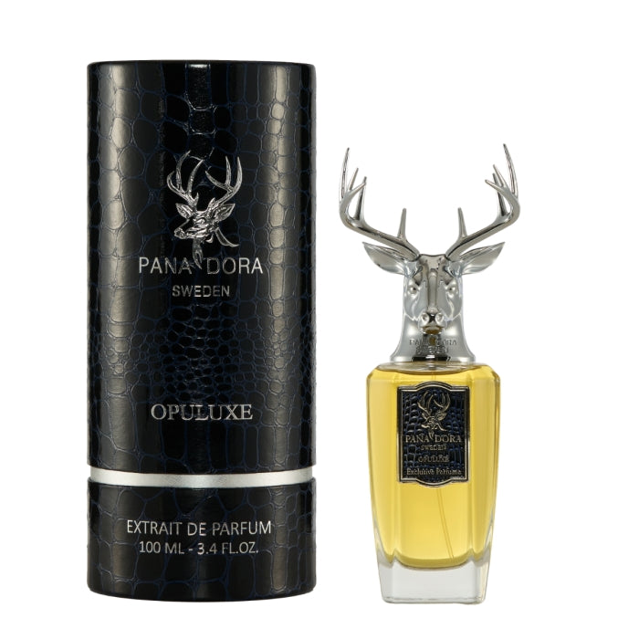 Pana Dora Sweden - Opuluxe Parfumflakon mit silbernem Hirschkopf und schwarzer Geschenkbox im eleganten Design