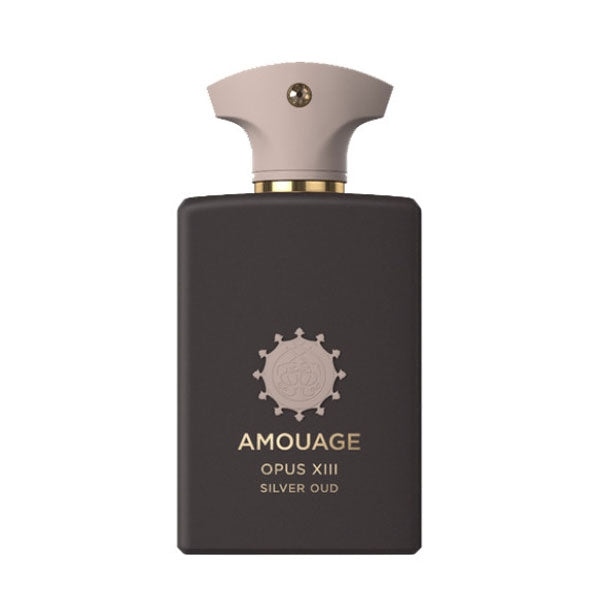 Amouage - Library Collection - Opus XIII - Silver Oud Flakon in elegantem mattschwarzen Design mit beigem Verschluss vor weißem Hintergrund