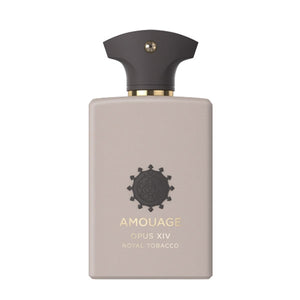 Amouage - Library Collection - Opus XIV - Royal Tobacco Flakon in mattem Beige mit schwarzem Deckel und goldener Beschriftung vor weißem Hintergrund