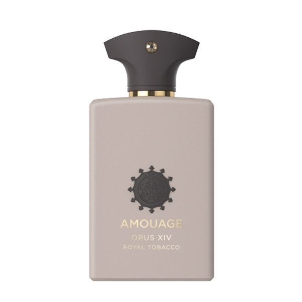 Amouage - Library Collection - Opus XIV - Royal Tobacco Flakon in mattem Beige mit schwarzem Deckel und goldener Beschriftung vor weißem Hintergrund