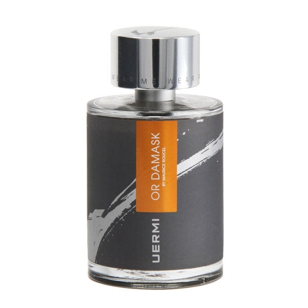 UERMI - OR DAMASK Parfumflakon mit grauem Etikett und orangefarbenem Label vor weißem Hintergrund
