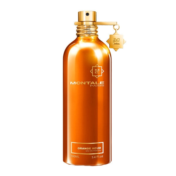 Montale - Orange Aoud Parfumflakon in glänzendem orangefarbenem Aluminium mit goldenem Verschluss und Anhänger edel gestaltet