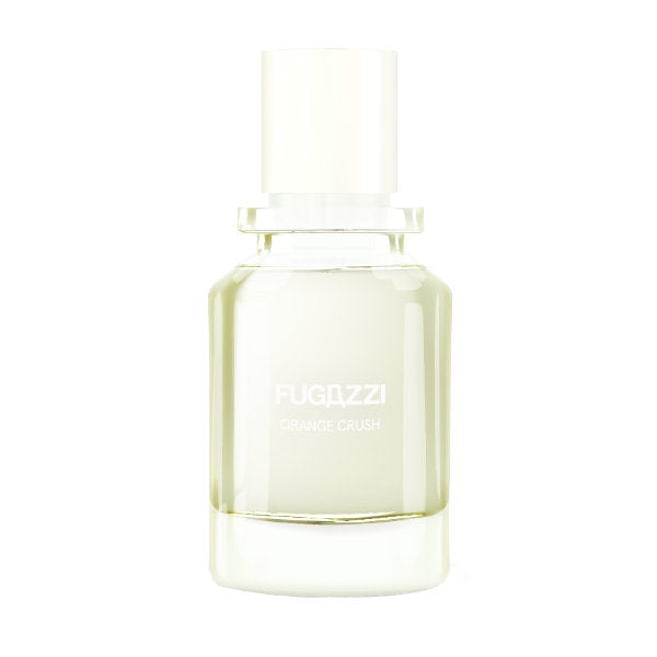 Fugazzi - Orange Crush Parfumflakon mit schlichtem, transparentem Design und elfenbeinfarbenem Verschluss vor weißem Hintergrund