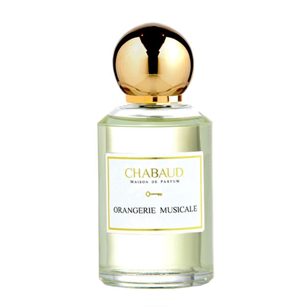 Chabaud - Luxury Line - Orangerie Musicale klarer Flakon mit goldenem Verschluss vor weißem Hintergrund