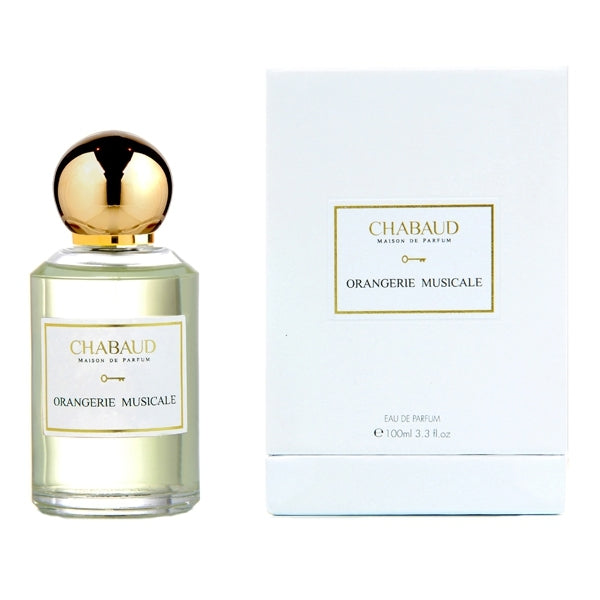 Chabaud - Luxury Line - Orangerie Musicale Flakon mit goldenem Verschluss neben eleganter weißer Verpackung vor hellem Hintergrund