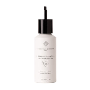 Essential Parfums - Orange X Santal Nachfüllflakon mit schwarzem Pumpverschluss vor weißem Hintergrund