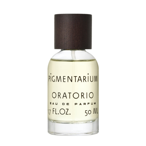 Pigmentarium - Oratorio Parfumflakon mit klarem Glas und braunem Holzkappenverschluss vor weißem Hintergrund